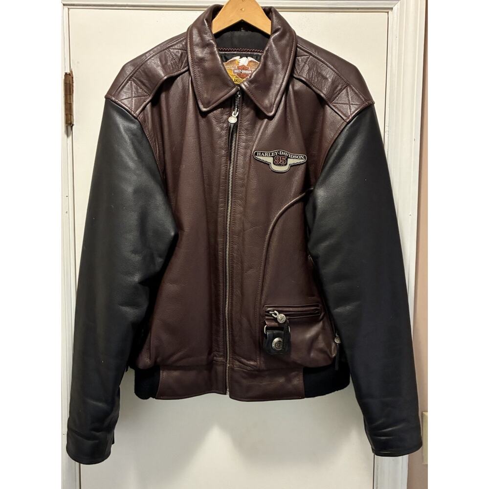 HARLEY DAVIDSON 95th ANNIVERSARY TWO TONE LEATHER MOTORCYCLE JACKET Large
